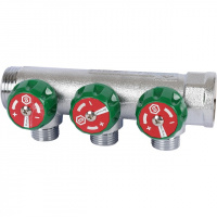 Коллектор распределительный вентильный STOUT никель 3/4"x1/2" -3 выхода, (зеленые ручки), плоский