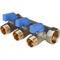 Коллектор распределительный шаровой STOUT никель 3/4"x1/2" -3 выхода, (синие ручки), плоский