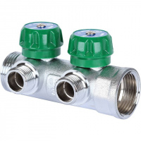 Коллектор распределительный вентильный STOUT никель 1"x1/2" -2 выхода, (зеленые ручки), плоский