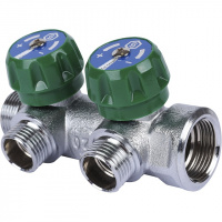 Коллектор распределительный вентильный STOUT никель 3/4"x1/2" -2 выхода, (зеленые ручки), евроконус