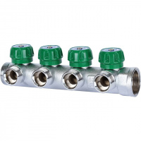 Коллектор распределительный вентильный STOUT никель 1"x3/4" -4 выхода, (зеленые ручки), евроконус