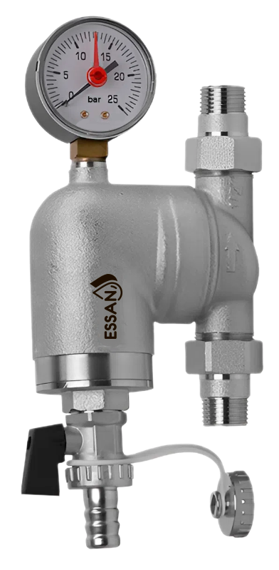 Фильтр промывной поворотный ESSAN FLUSHING никель 1/2" АМ-АМ 100 мкм, латунная колба, с манометром