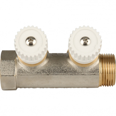 Коллектор распределительный вентильный STOUT никель 1"x3/4" -2 выхода, (белые ручки), евроконус