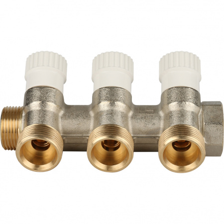 Коллектор распределительный вентильный STOUT никель 1"x3/4" -3 выхода, (белые ручки), евроконус