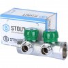 Коллектор распределительный вентильный STOUT никель 1"x1/2" -2 выхода, (зеленые ручки), плоский