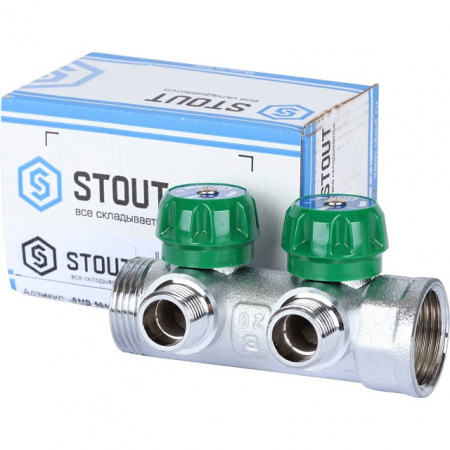 Коллектор распределительный вентильный STOUT никель 1"x1/2" -2 выхода, (зеленые ручки), плоский