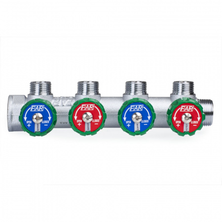 Коллектор распределительный вентильный FAR никель 1"x3/4" -4 выхода, EU евроконус