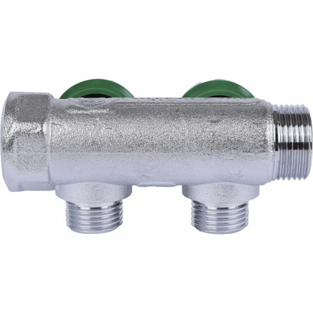 Коллектор распределительный вентильный STOUT никель 3/4"x1/2" -2 выхода, (зеленые ручки), евроконус