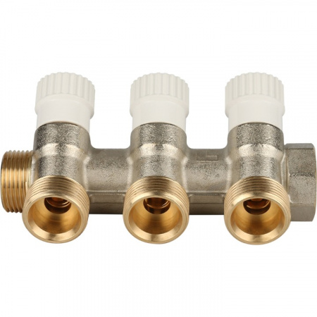 Коллектор распределительный вентильный STOUT никель 3/4"x3/4" -3 выхода, (белые ручки), евроконус