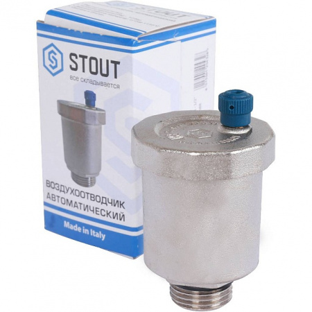 Воздухоотводчик автоматический прямой STOUT никель 1/2", без клапана, уплотнитель, синий колпачок