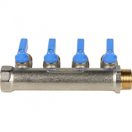 Коллектор распределительный шаровой STOUT никель 3/4"x1/2" -4 выхода, (синие ручки), плоский