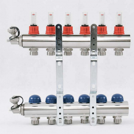 Коллекторная группа UNI-FITT 440E латунь 1"x3/4" EK на 6 выходов, с расходомерами (в полном сборе)