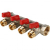 Коллектор распределительный шаровой STOUT никель 3/4"x1/2" -4 выхода, (красные ручки), плоский