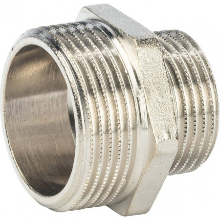 Ниппель переходной резьбовой латунный STOUT никель 11/4"x1" Н