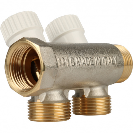 Коллектор распределительный вентильный STOUT никель 1"x3/4" -2 выхода, (белые ручки), евроконус