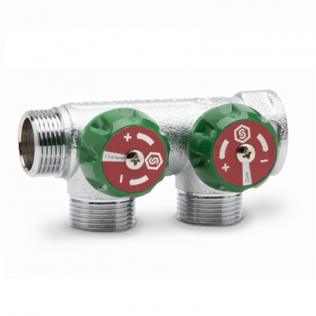 Коллектор распределительный вентильный STOUT никель 3/4"x3/4" -2 выхода, (зеленые ручки), евроконус