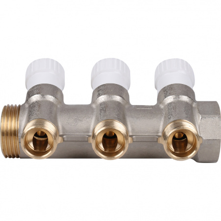 Коллектор распределительный вентильный STOUT никель 1"x1/2" -3 выхода, (белые ручки), евроконус