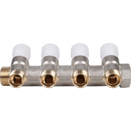 Коллектор распределительный вентильный STOUT никель 3/4"x1/2" -4 выхода, (белые ручки), евроконус