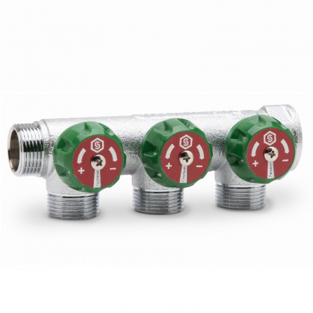 Коллектор распределительный вентильный STOUT никель 3/4"x3/4" -3 выхода, (зеленые ручки), евроконус