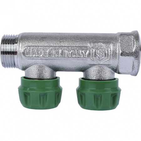 Коллектор распределительный вентильный STOUT никель 3/4"x1/2" -2 выхода, (зеленые ручки), евроконус