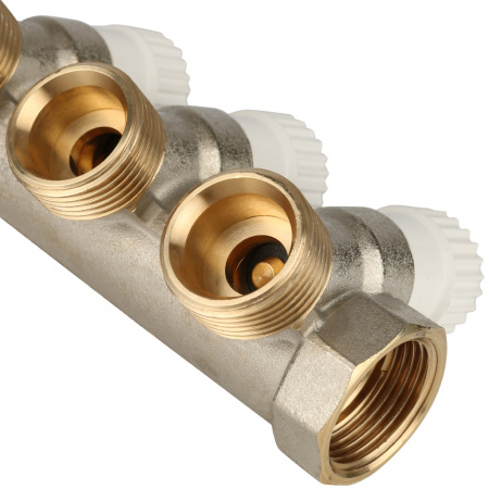 Коллектор распределительный вентильный STOUT никель 1"x3/4" -3 выхода, (белые ручки), евроконус