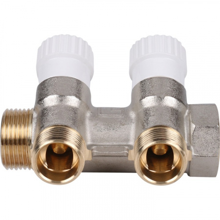 Коллектор распределительный вентильный STOUT никель 3/4"x1/2" -2 выхода, (белые ручки), евроконус