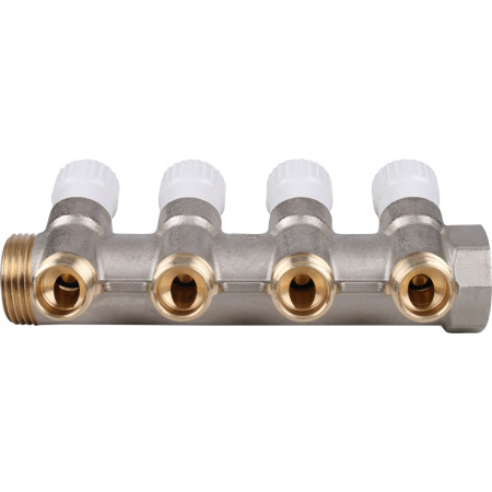Коллектор распределительный вентильный STOUT никель 1"x1/2" -4 выхода, (белые ручки), евроконус