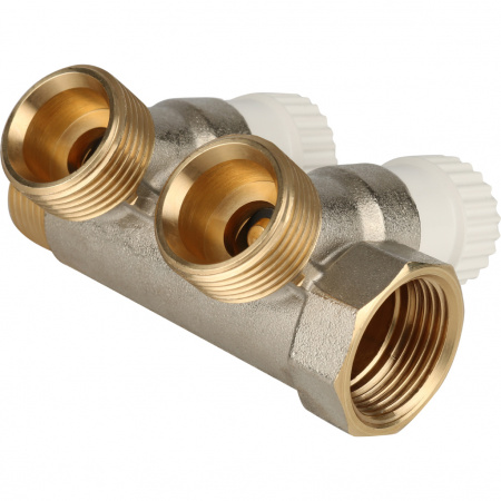 Коллектор распределительный вентильный STOUT никель 1"x3/4" -2 выхода, (белые ручки), евроконус