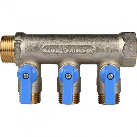 Коллектор распределительный шаровой STOUT никель 3/4"x1/2" -3 выхода, (синие ручки), плоский