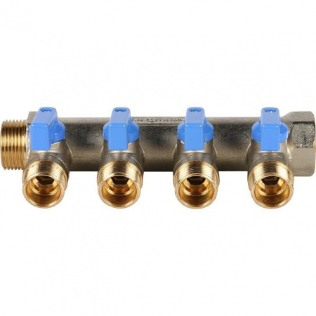 Коллектор распределительный шаровой STOUT никель 3/4"x1/2" -4 выхода, (синие ручки), плоский
