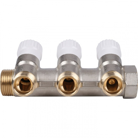 Коллектор распределительный вентильный STOUT никель 3/4"x1/2" -3 выхода, (белые ручки), евроконус