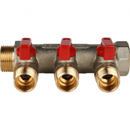 Коллектор распределительный шаровой STOUT никель 3/4"x1/2" -3 выхода, (красные ручки), плоский