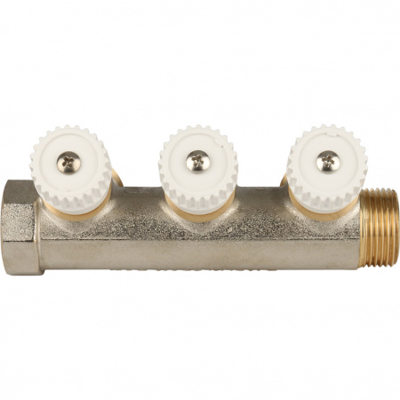 Коллектор распределительный вентильный STOUT никель 1"x3/4" -3 выхода, (белые ручки), евроконус