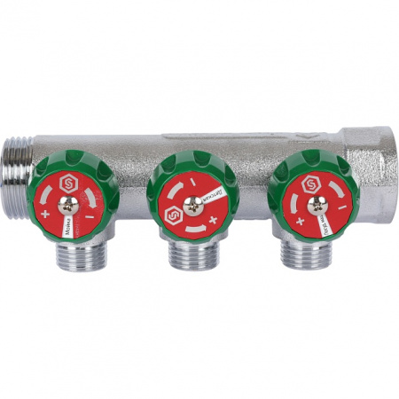 Коллектор распределительный вентильный STOUT никель 3/4"x1/2" -3 выхода, (зеленые ручки), плоский