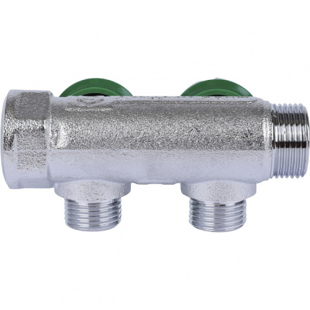 Коллектор распределительный вентильный STOUT никель 3/4"x1/2" -2 выхода, (зеленые ручки), плоский