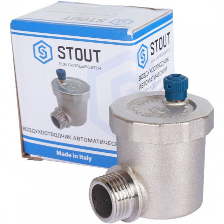 Воздухоотводчик автоматический угловой STOUT никель 1/2", без клапана, без уплотнителя, синий колп.