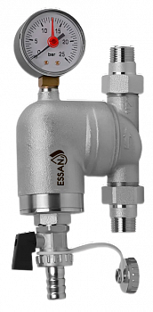 Фильтр промывной поворотный ESSAN FLUSHING никель 1/2" АМ-АМ 100 мкм, латунная колба, с манометром