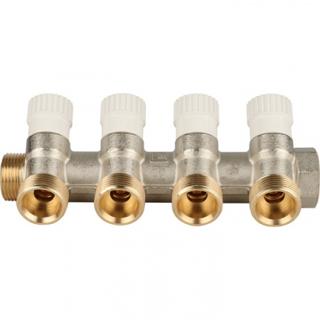 Коллектор распределительный вентильный STOUT никель 3/4"x3/4" -4 выхода, (белые ручки), евроконус