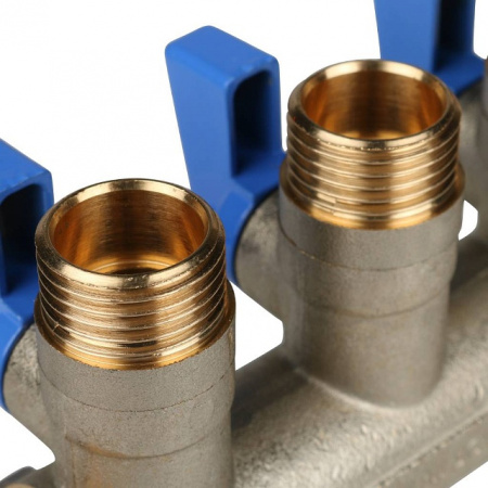 Коллектор распределительный шаровой STOUT никель 3/4"x1/2" -3 выхода, (синие ручки), плоский